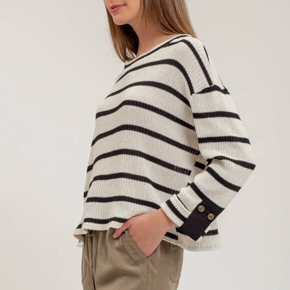 NWT Black Striped Relaxed 3/4 Cuffed Sleeve Knit Top - Picture 2 of 4